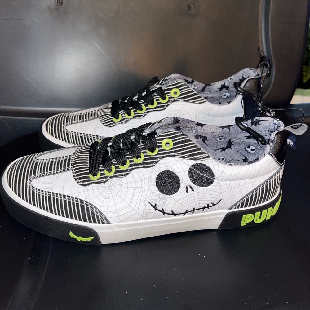 JACK SKELLINGTON Black and White Skull Sneakers with Green Accents